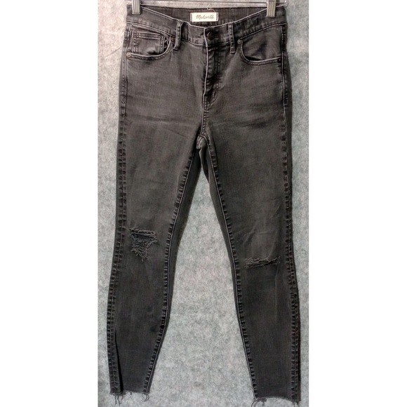 Madewell Jeans Sz 26 Black 9 Inch High Rise Skinny Distressed Raw Hem Light Wash - Picture 2 of 16